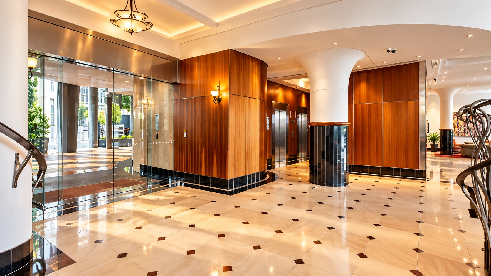 Marble lobby with timber panelling