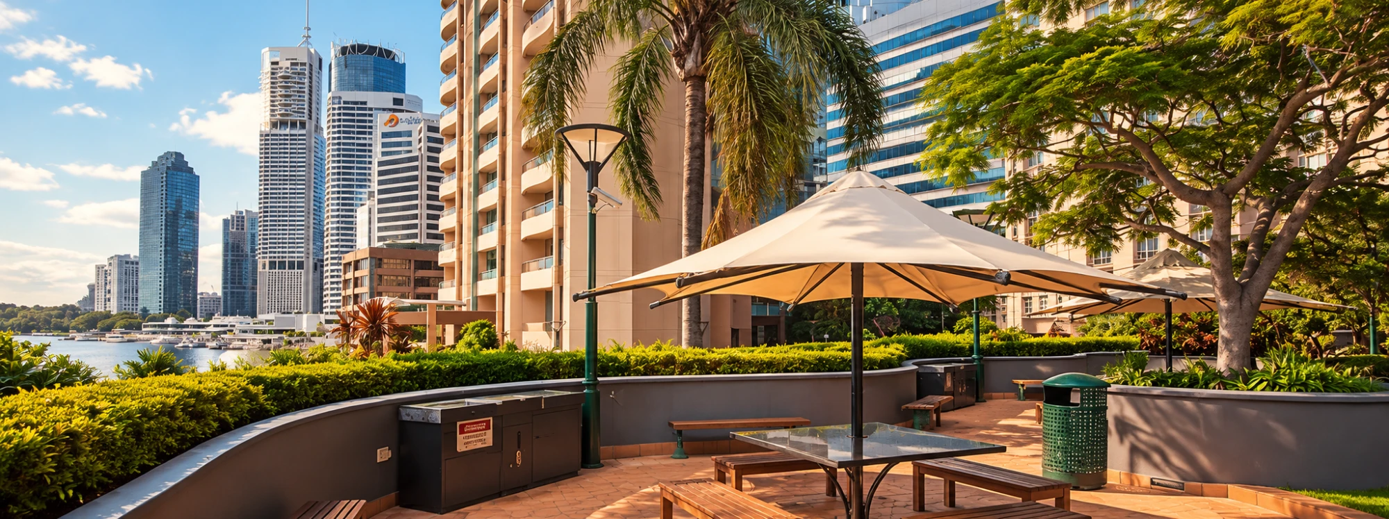 Riverside terrace with umbrellas and the Brisbane skyline